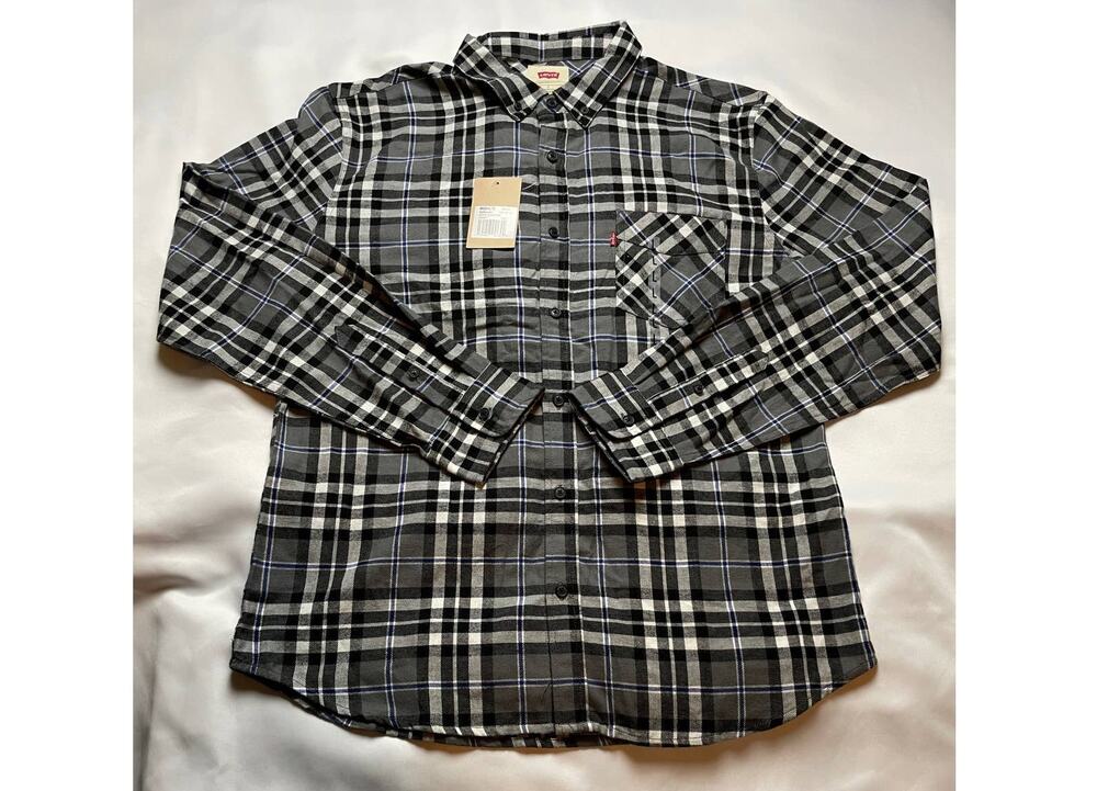 NWT Mens Levis Black/Gray/White/Blue Flannel Longsleeve Large Shirt